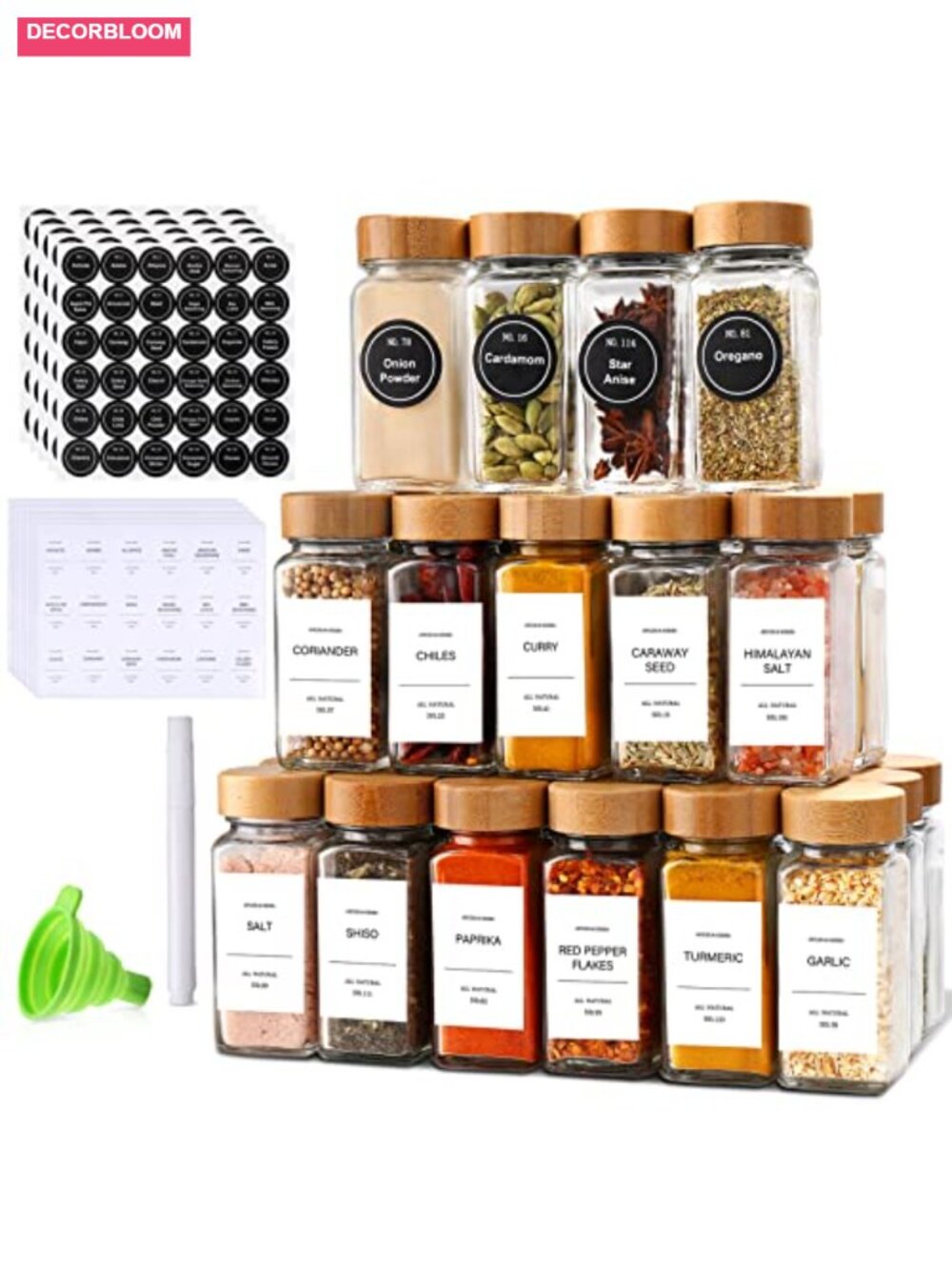 24-Piece Glass Spice Jars with Bamboo Lids, 4 oz Each, Kitchen Organization Set